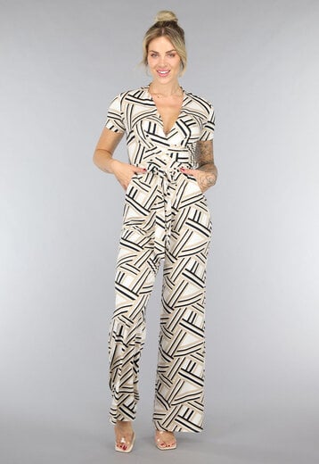 OP=OP.40.NL Beige Stretch Jumpsuit met Streep Patroon