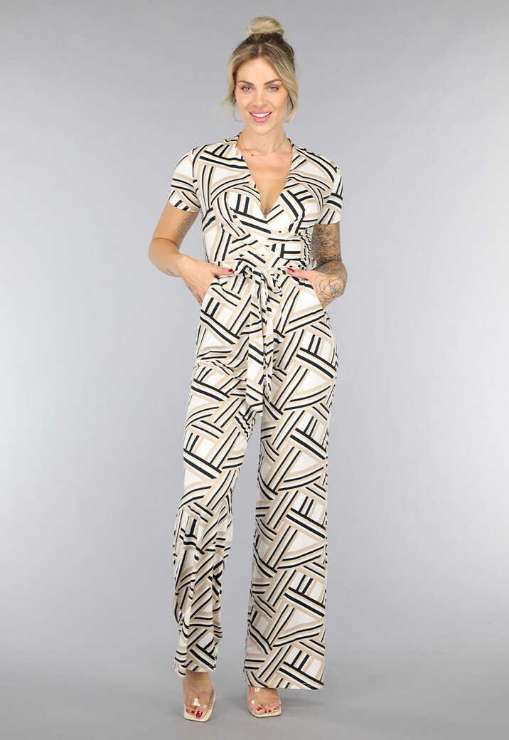 Beige Stretch Jumpsuit met Streep Patroon