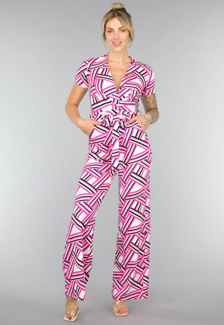 Fuchsia Elastische Wide Leg Jumpsuit met Streepjes