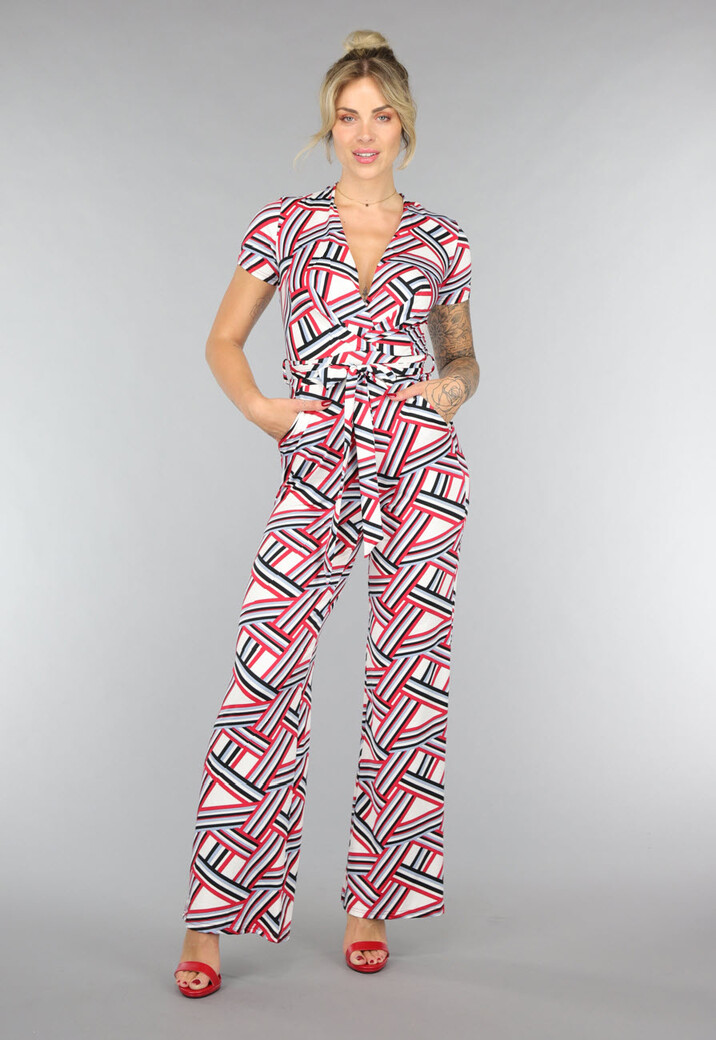 Multicolor Retro Print Jumpsuit met Wijde Pijpen