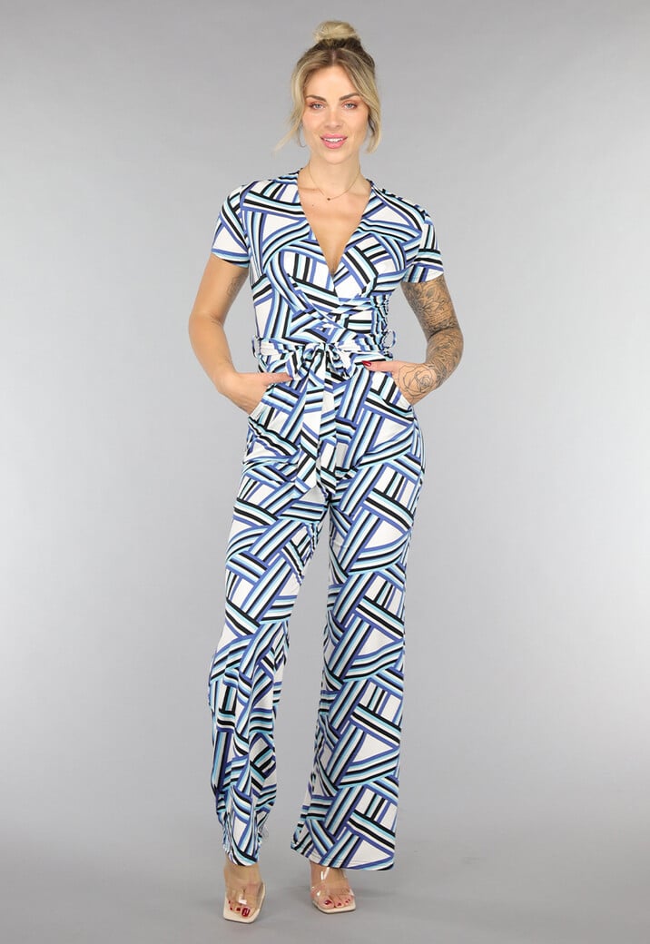 Blauwe Aansluitende Jumpsuit met Grafisch Patroon