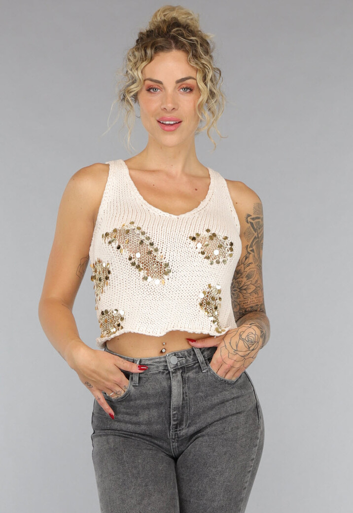 Beige Gebreide Top met Gouden Fishnet Detail