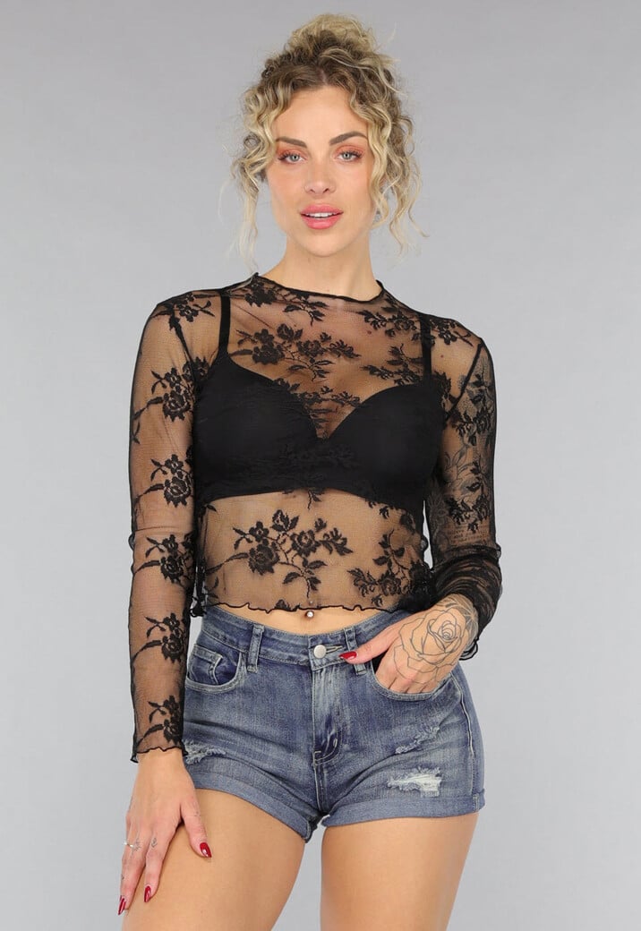 Longsleeve Doorschijnende Crop Top van Kant