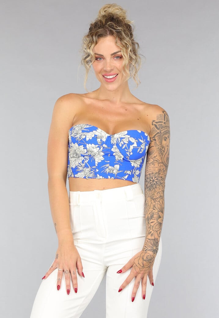 Blauwe Strapless Bloemen Korset Top met Beugels