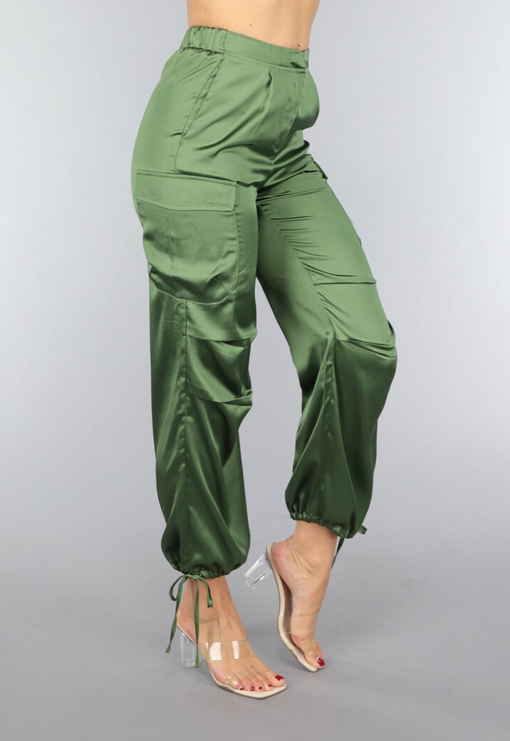 Khaki Satin Look Cargo Broek met Strikdetail