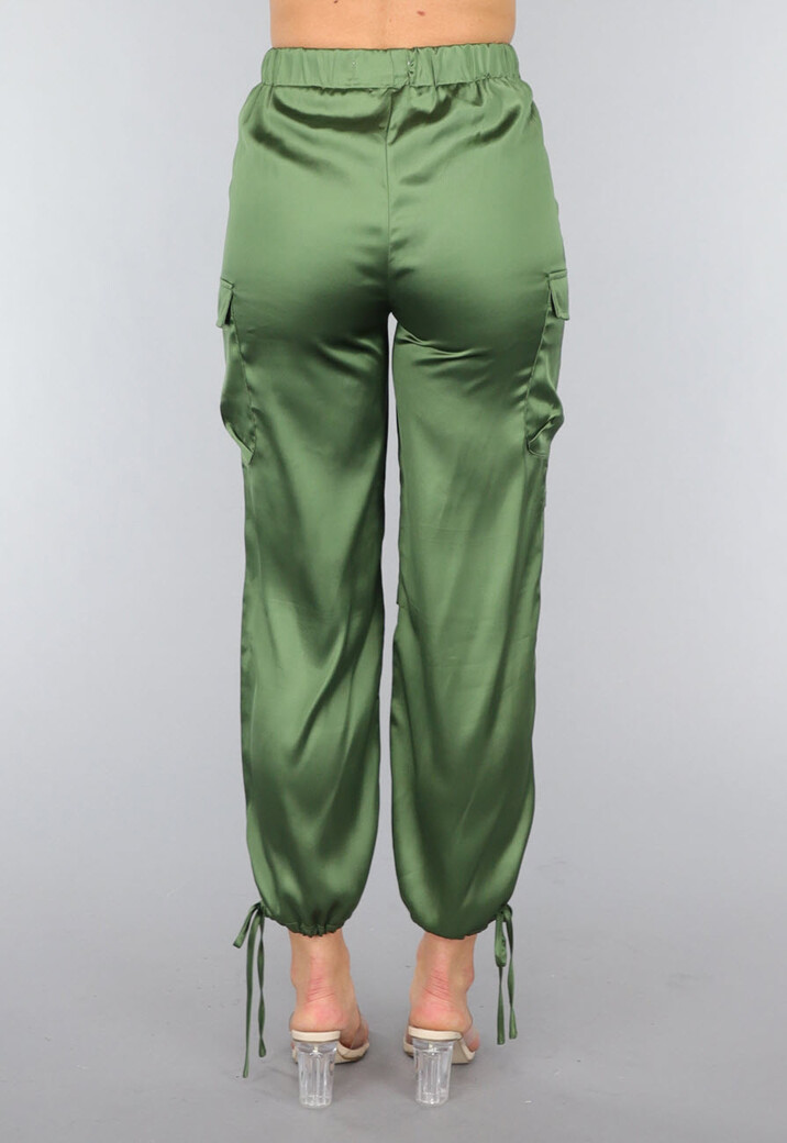 Khaki Satin Look Cargo Broek met Strikdetail
