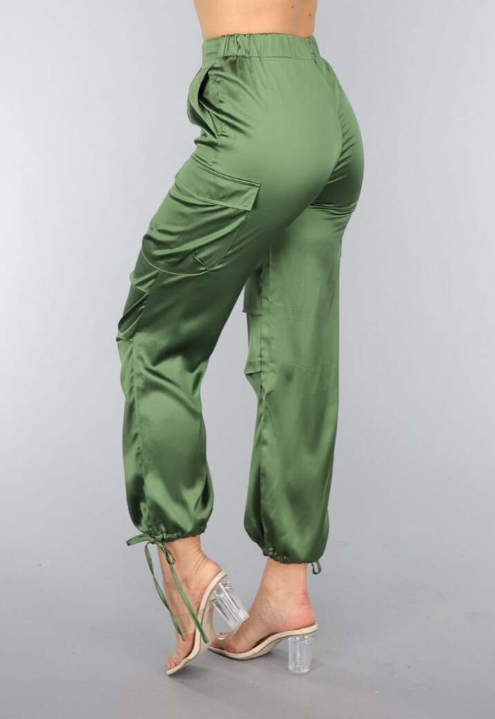 Khaki Satin Look Cargo Broek met Strikdetail