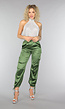 Khaki Satin Look Cargo Broek met Strikdetail