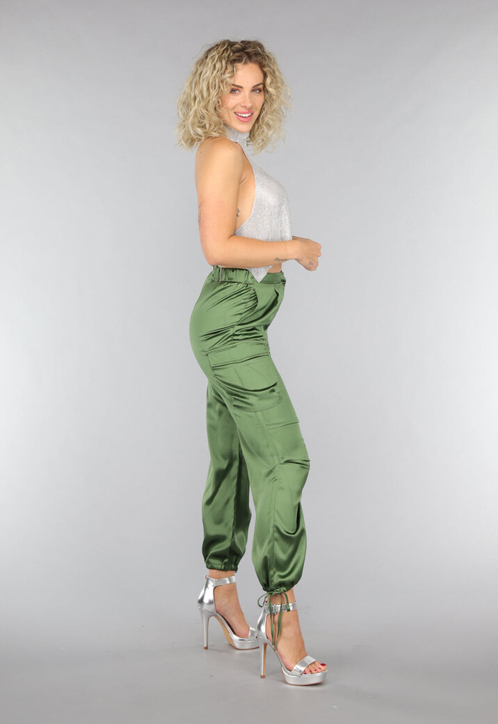 Khaki Satin Look Cargo Broek met Strikdetail