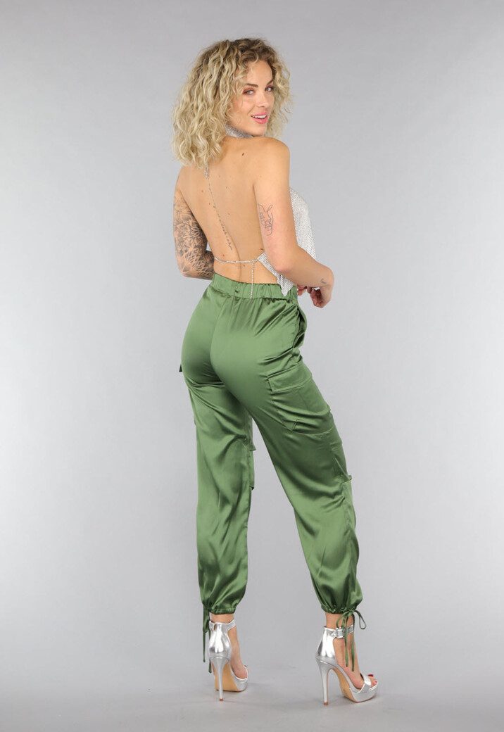 Khaki Satin Look Cargo Broek met Strikdetail