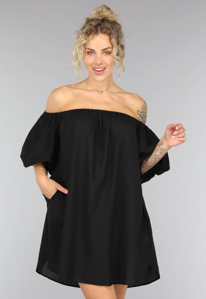 Zwarte Linnen Off Shoulder Pofmouwen Jurk