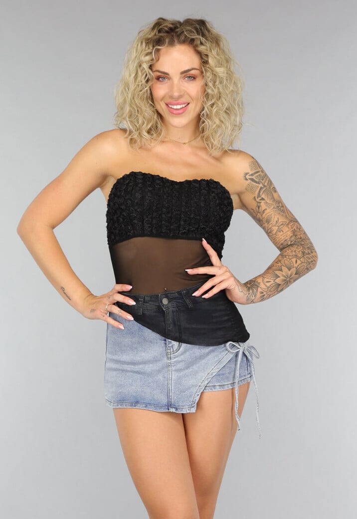 Zwarte Strapless Mesh Top met Roosjes