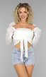 Witte Gebreide Crop Top met Strikdetail