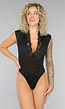 Zwarte Bodysuit met Kanten Decolleté en Schoudervullingen