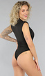 Zwarte Bodysuit met Kanten Decolleté en Schoudervullingen