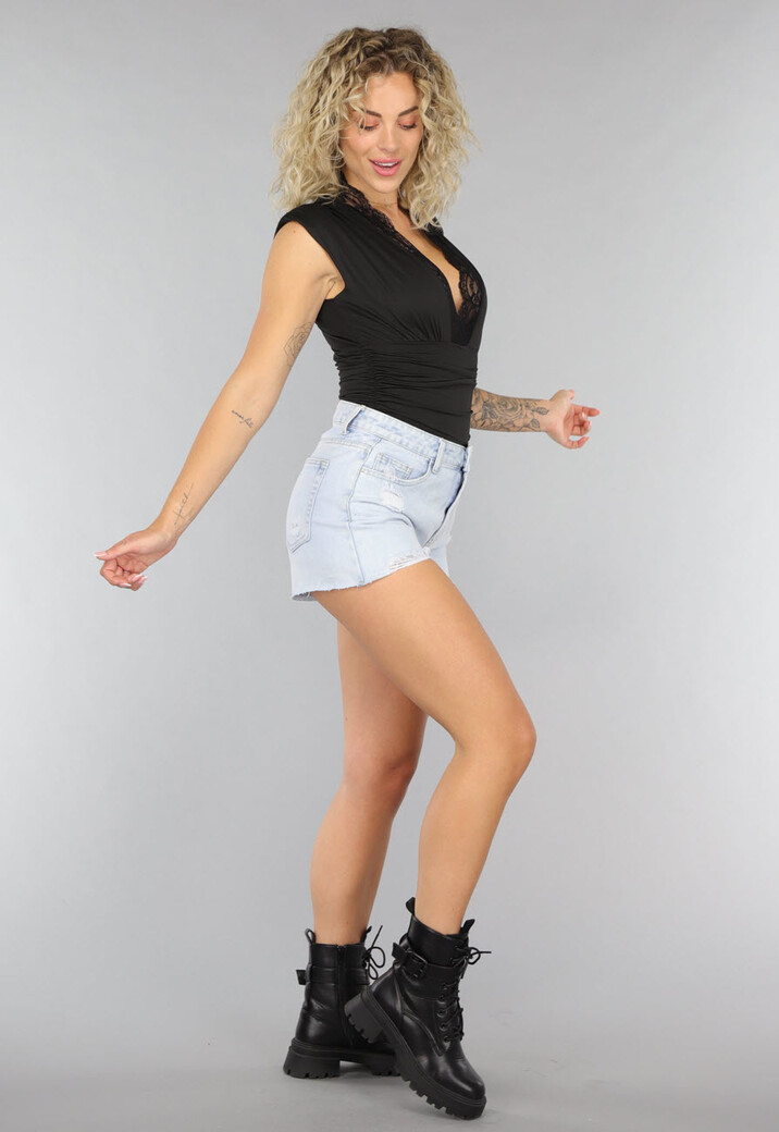 Zwarte Bodysuit met Kanten Decolleté en Schoudervullingen