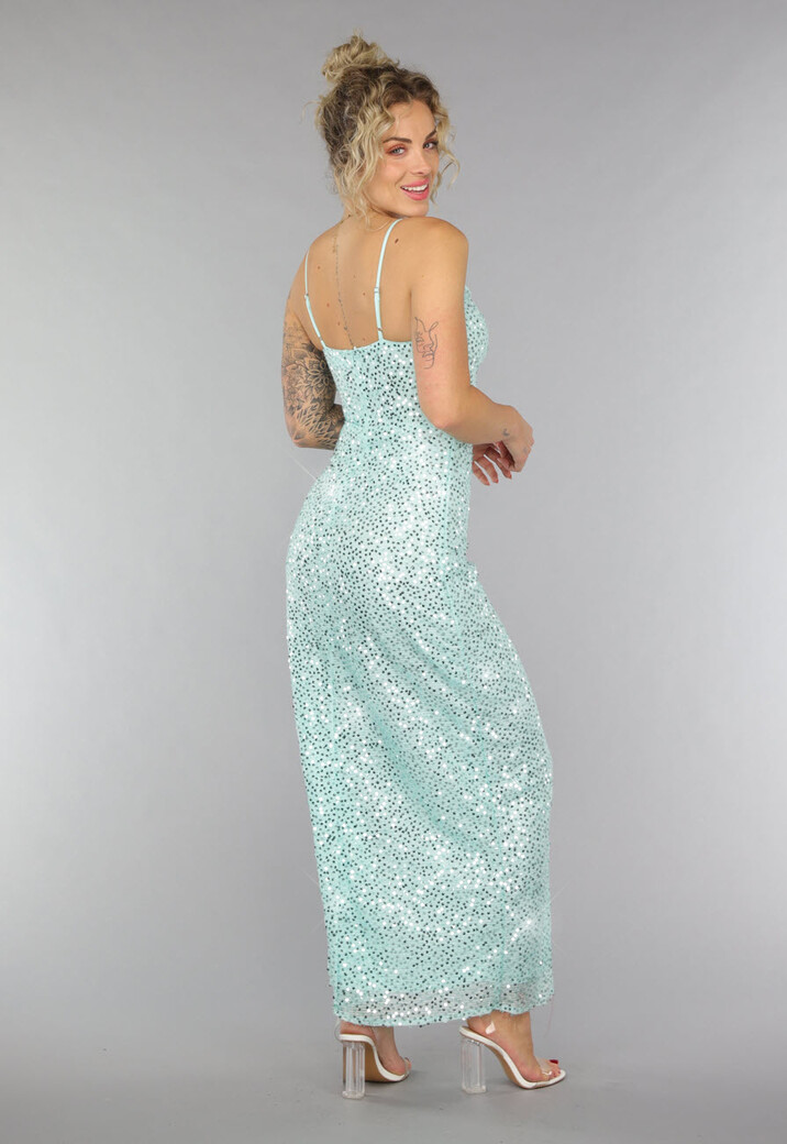Maxi Split Jurk Pailletten Jurk in Mintgroen