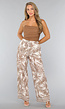 Wide Leg Pantalon met Beige Palmblad Print