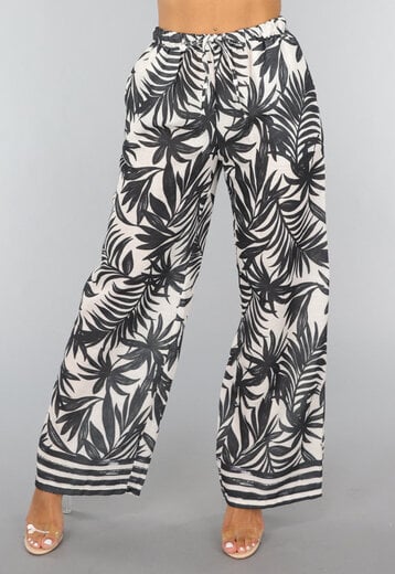 NEW1807 Linnen Wide Leg Broek met Print