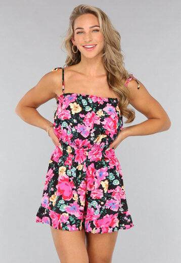 NEW1807 Roze Bloemen Playsuit met Stretch Taille