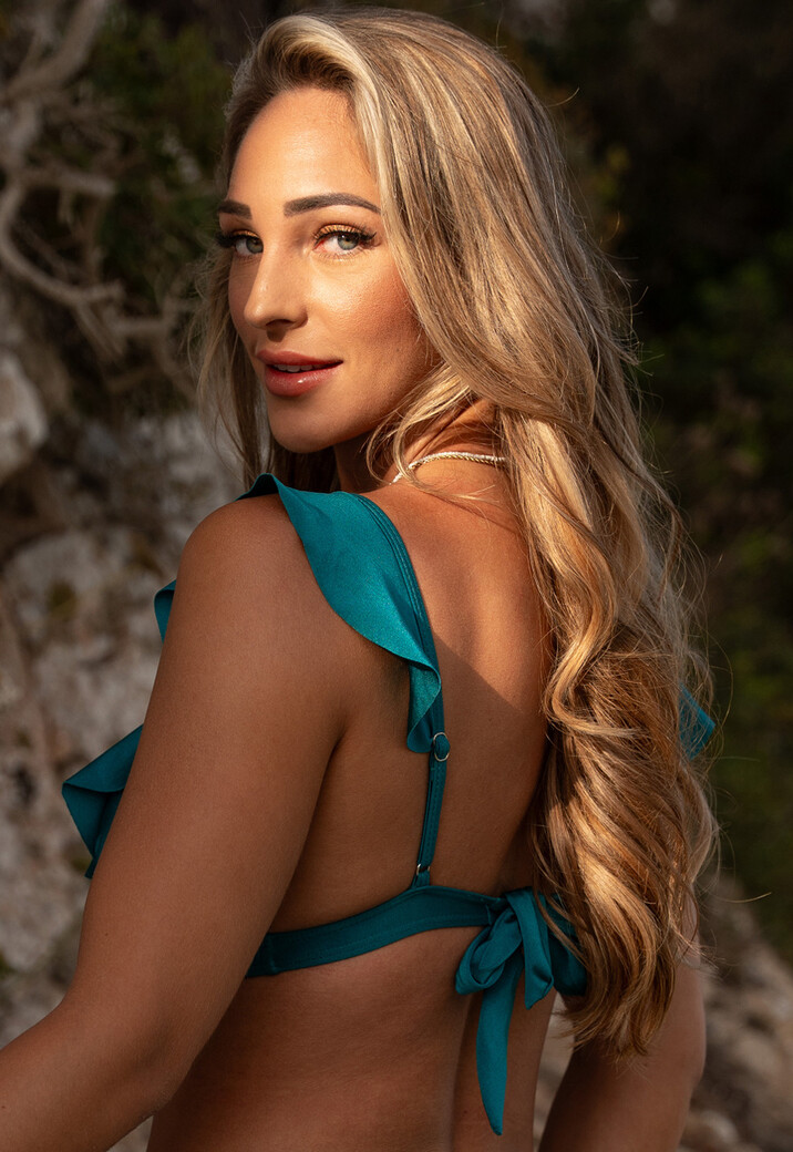 Shimmer Petrol Bikini Top met Ruffles