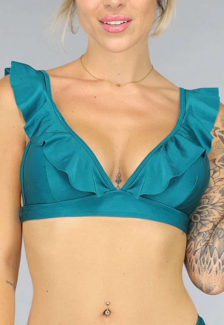 Shimmer Petrol Bikini Top met Ruffles