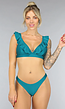 Shimmer Petrol Bikini Top met Ruffles