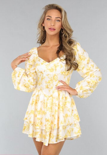 NEW3107 Gele Layered Playsuit met Bloemen Print