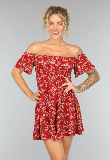 NEW0708 Roestbruin Off Shoulder Jurkje met Bloemenprint