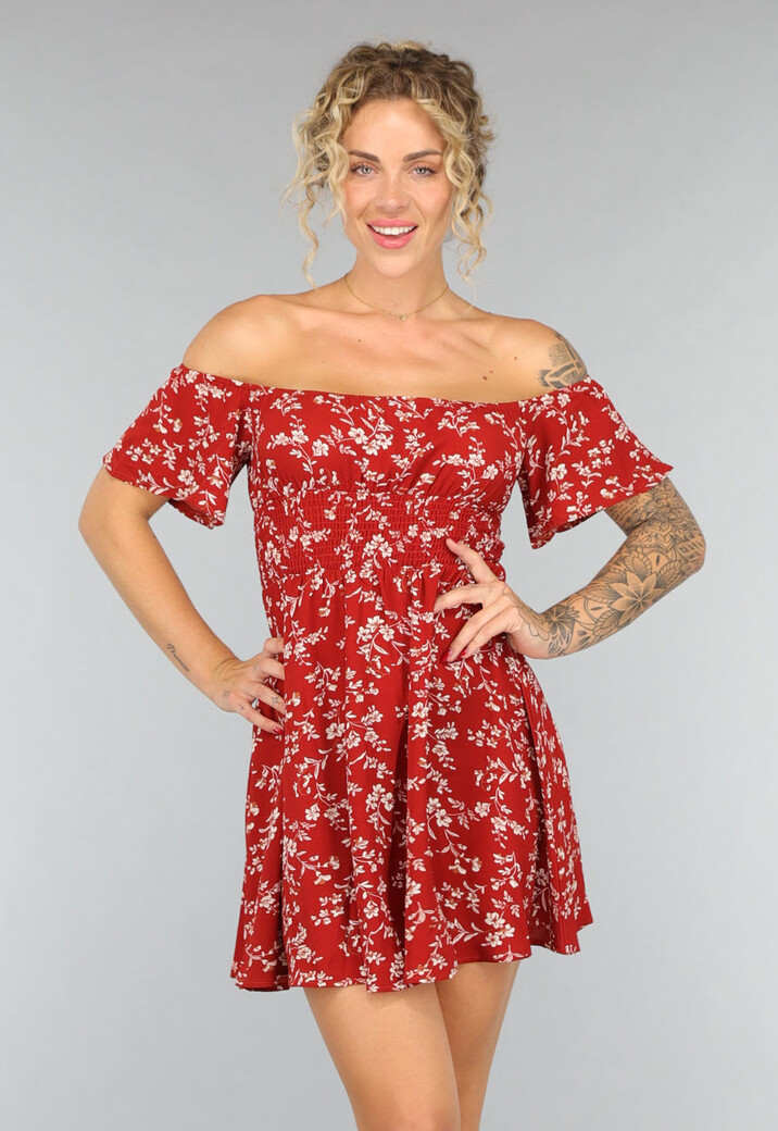 Roestbruin Off Shoulder Jurkje met Bloemenprint