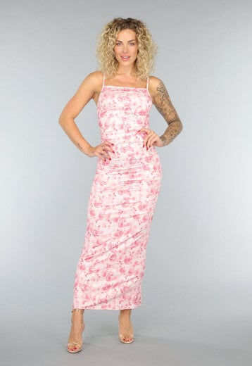 NEW0708 Lichtroze Bloemen Maxi Jurk