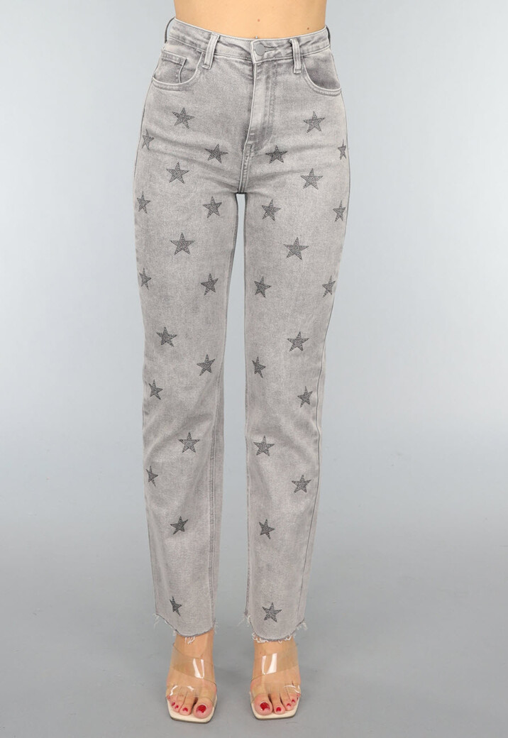 Grijze Straight Leg Jeans met Strass Sterren