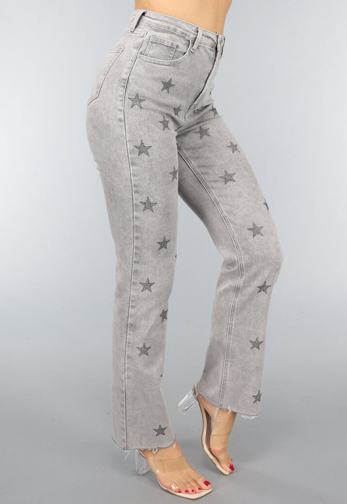 Grijze Straight Leg Jeans met Strass Sterren