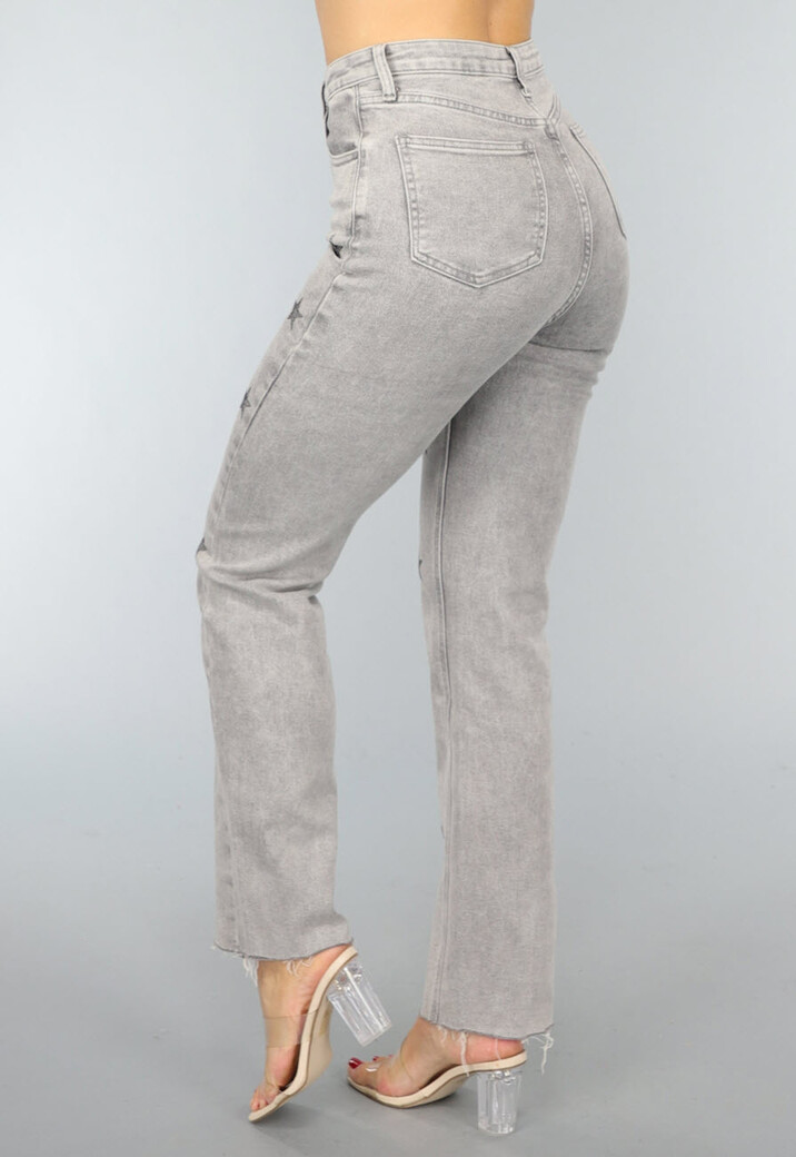 Grijze Straight Leg Jeans met Strass Sterren