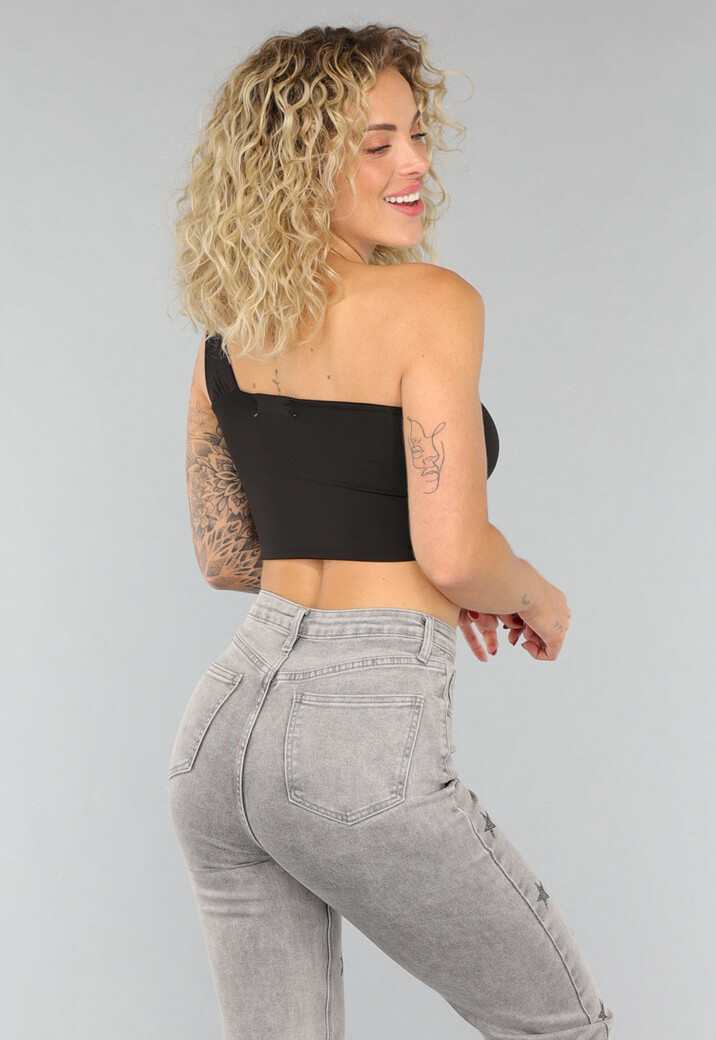 Zwarte One Shoulder Crop Top met Cutout