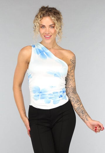 NEW0708 One Shoulder Top met Blauwe Bloemenprint