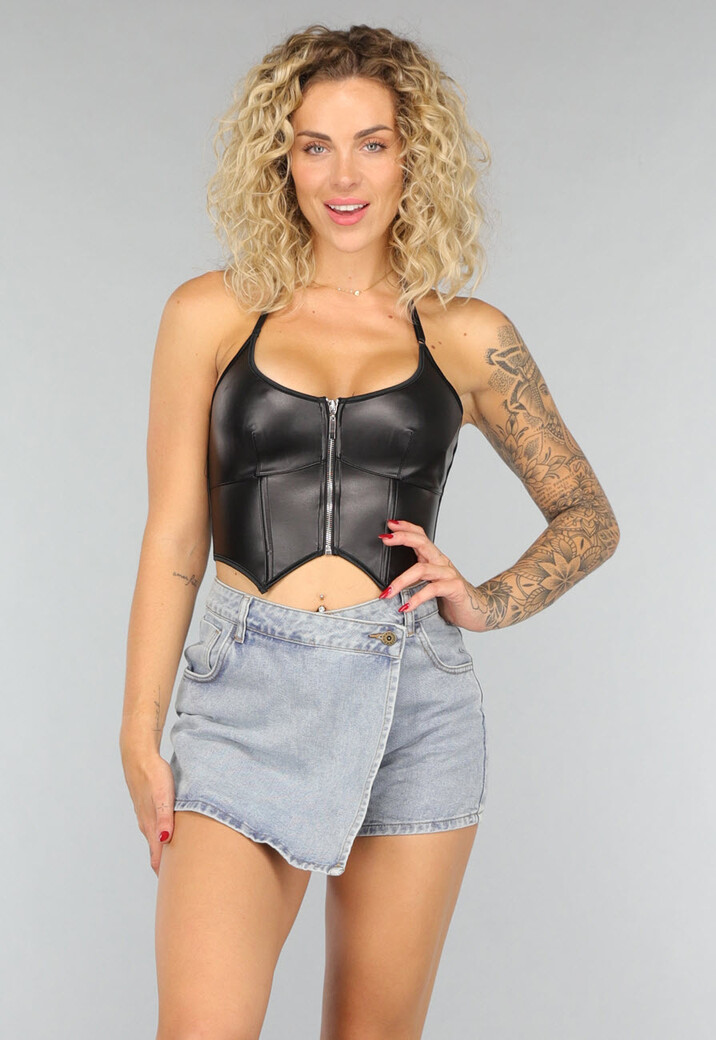 Zwarte Lederlook Halter Korset Top met Rits