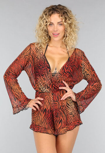 NEW1408 Bruine Cover Up Playsuit met Animal Print