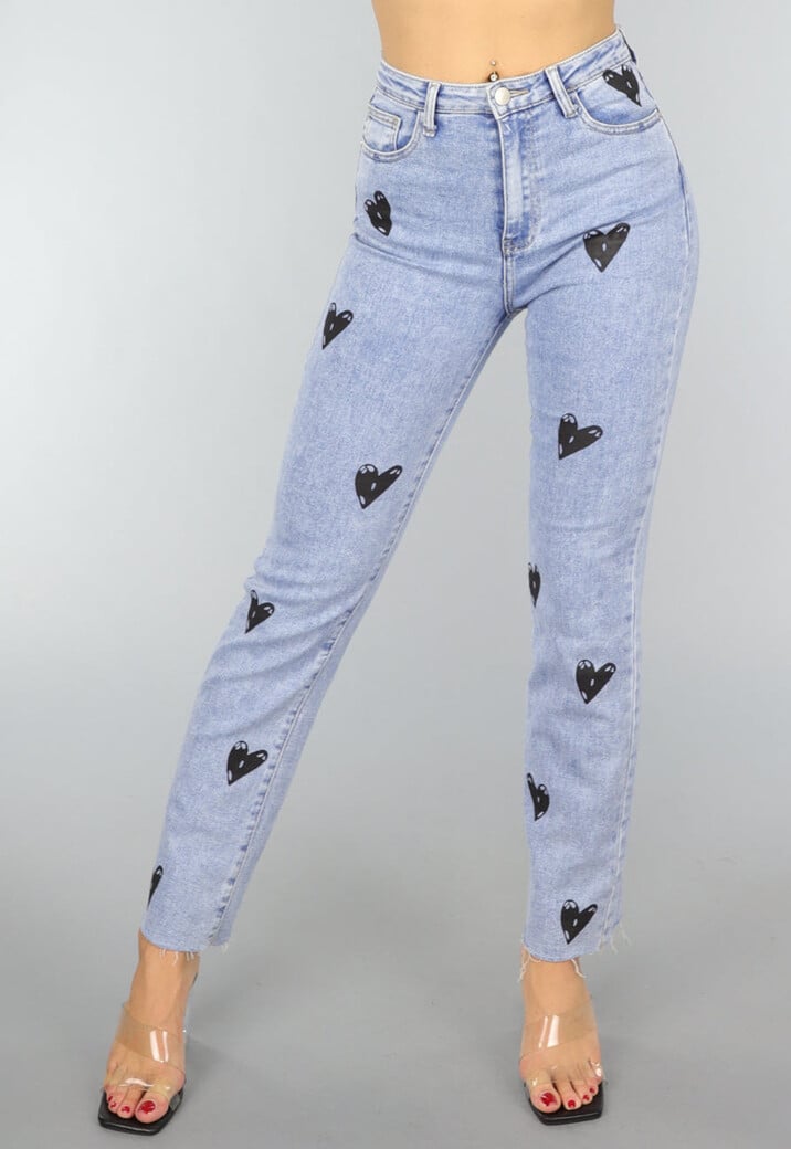 Straight Leg Jeans met Zwarte Hartjes