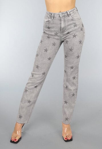 NEW1408 Grijze Straight Leg Jeans met Strass Sterren