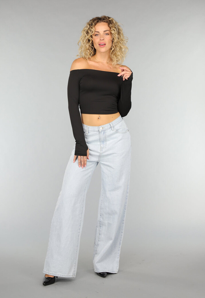 Zwarte Basic Longsleeve Off Shoulder Top met Duimgaten