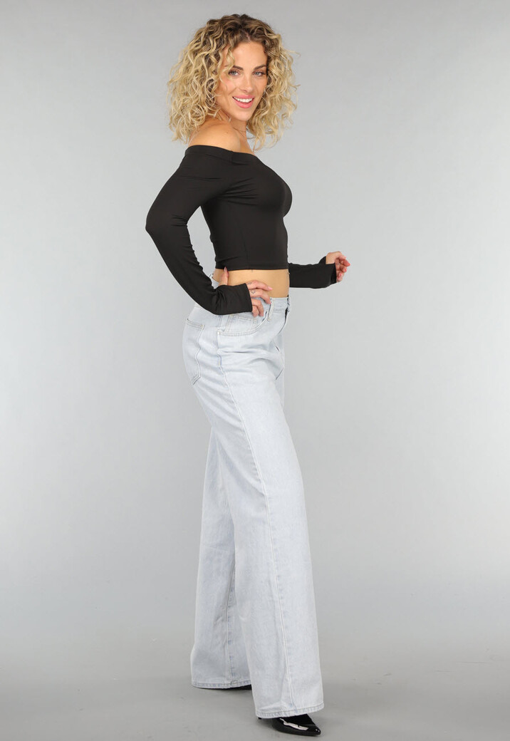 Zwarte Basic Longsleeve Off Shoulder Top met Duimgaten