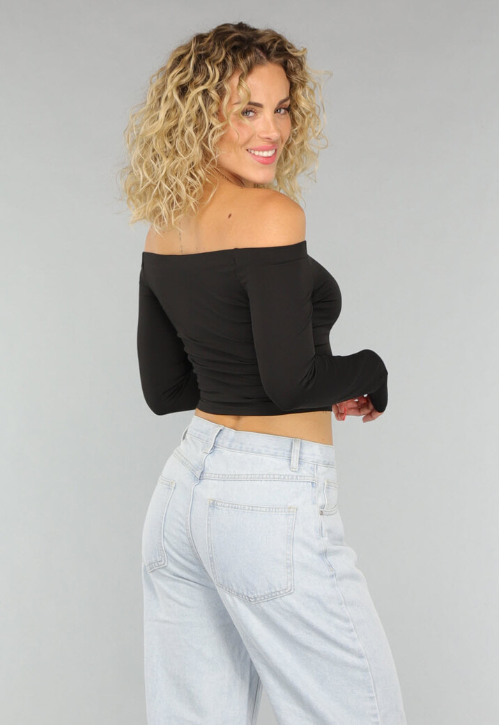 Zwarte Basic Longsleeve Off Shoulder Top met Duimgaten