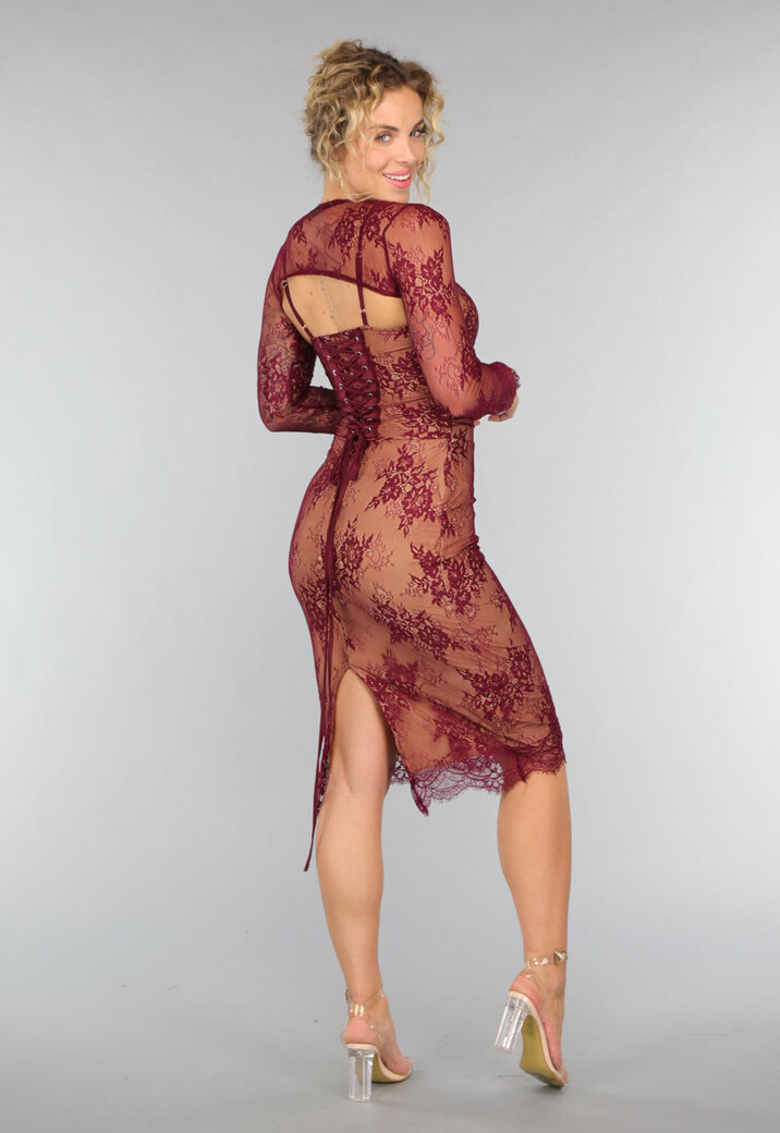 Wijnrode Kanten Korset Midi Jurk met Bolero