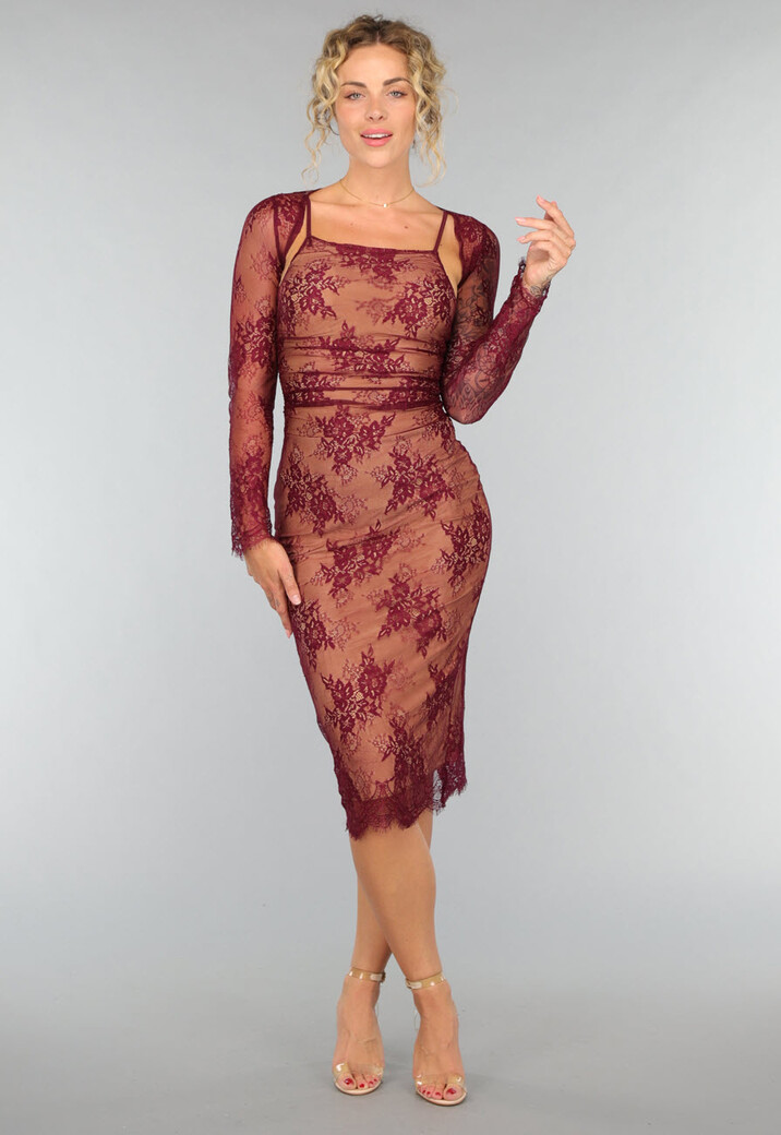 Wijnrode Kanten Korset Midi Jurk met Bolero