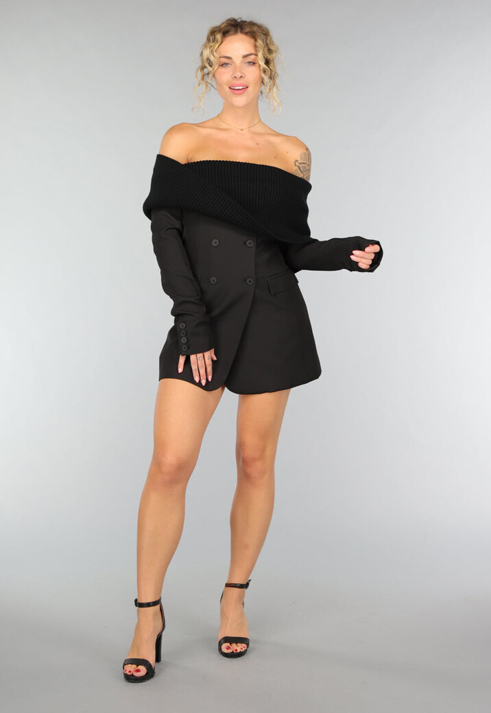 Zwarte Gebreide Off Shoulder Blazer Jurk