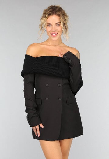 NEW2108 Zwarte Gebreide Off Shoulder Blazer Jurk