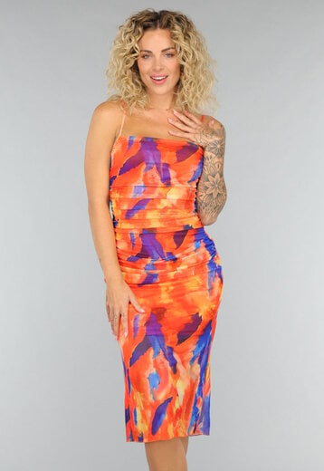 NEW2108 Oranje Midi Jurk met Gekleurde Print