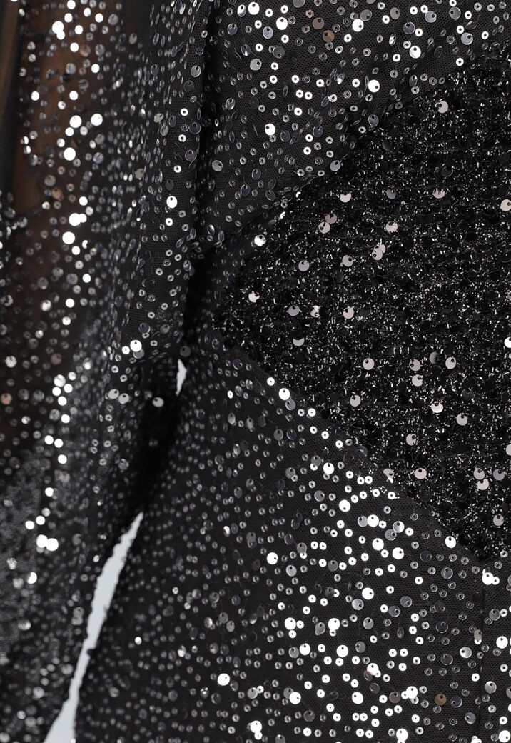 Lange Zwarte Mesh Galajurk met Pailletten en Split
