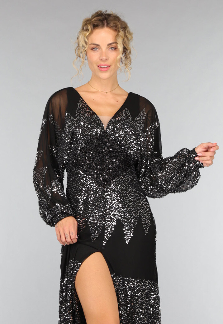 Lange Zwarte Mesh Galajurk met Pailletten en Split